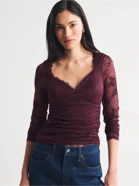 A&F Zoe Lace V-Neck Long Sleeve Top - Bra Free Collection - Burgundy